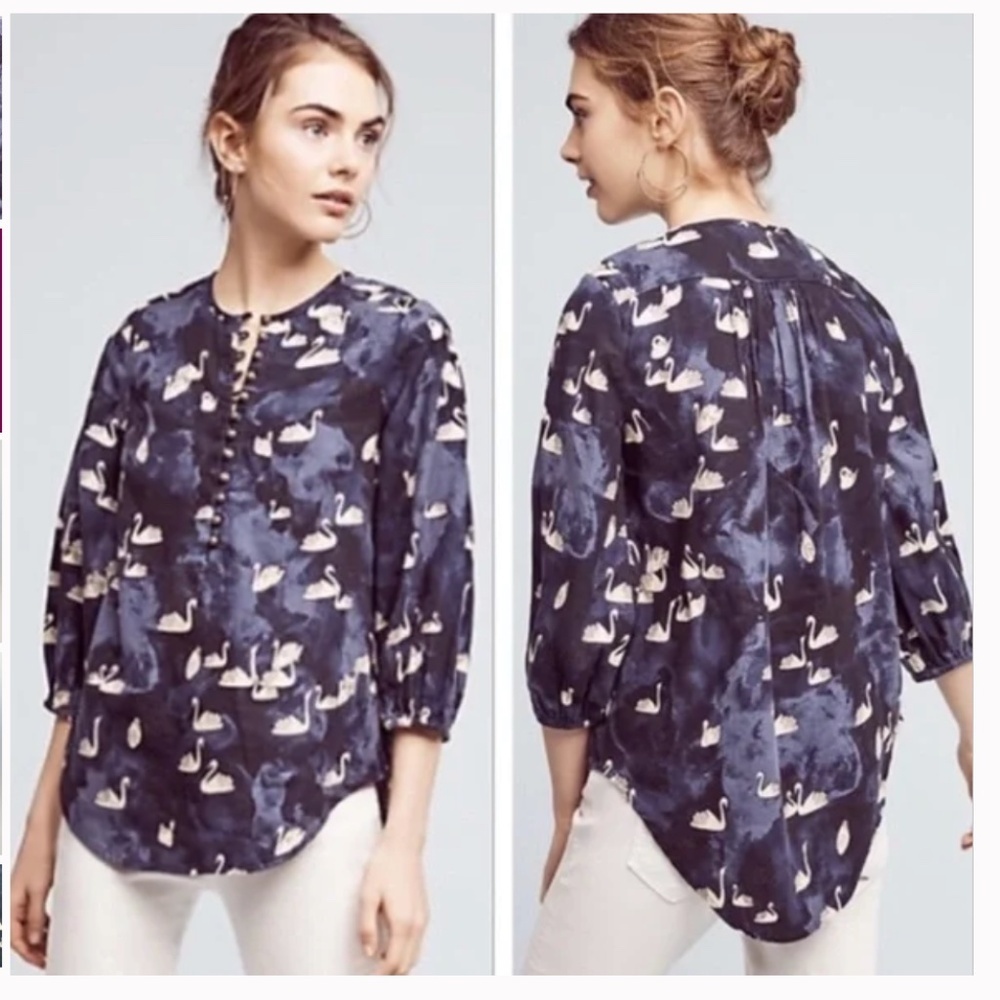 Maeve by Anthropologie Bethesda Cotton Flannel Top Swan Print Blue Size XS